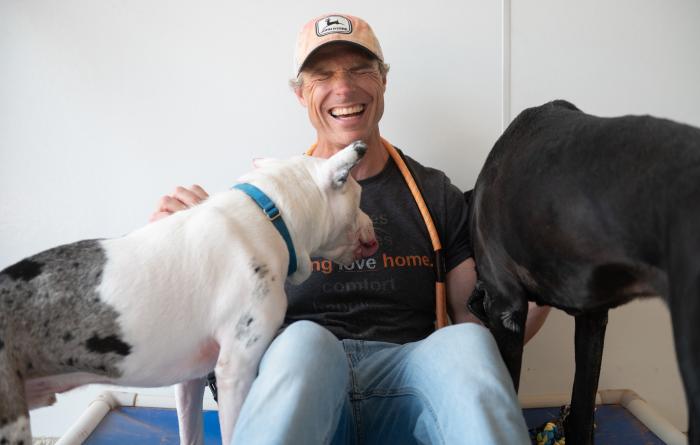 Kayak the dog with a person and another dog