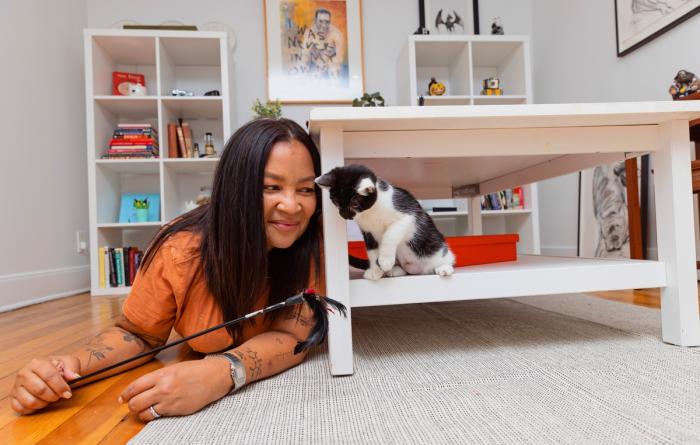 Person playing with a tiny kitten in a home