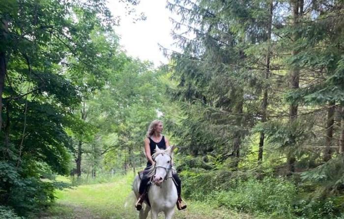 Person riding Bug the house in a forested area