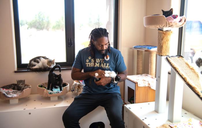 Person sitting down surrounded by kittens and holding one in his arms