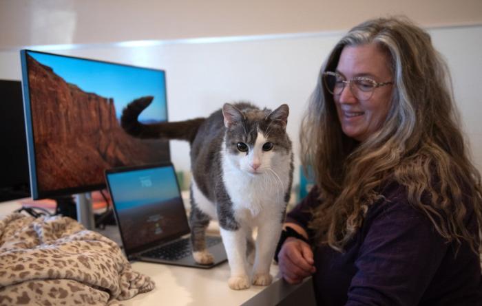 Highway the cat on a desk next to a computer and monitor and Lisa Anderson