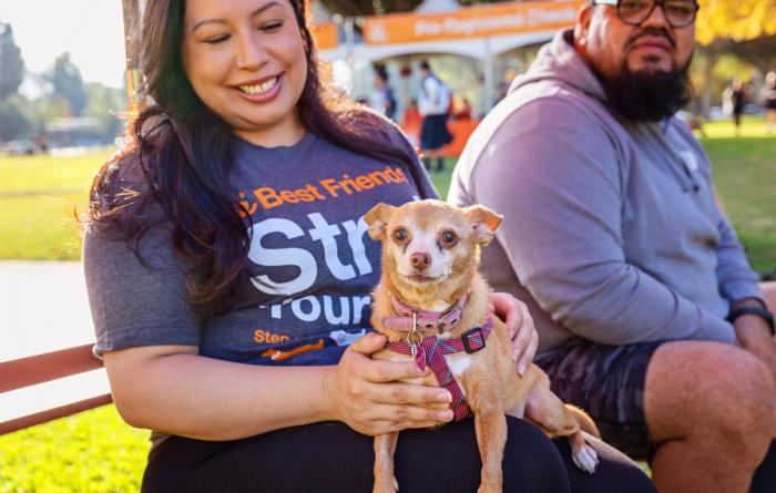 Two smiling people sitting with their small dog at a dog walk event