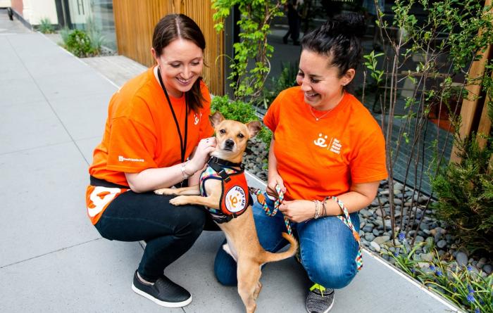 Two people wearing orange Best Friends T-shirts outside on a walk with a small dog