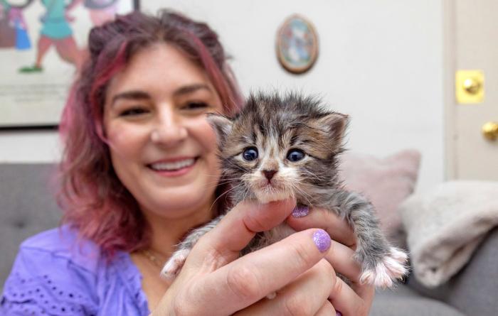 Smiling person holding a small, neonatal kitten in a living room type environment