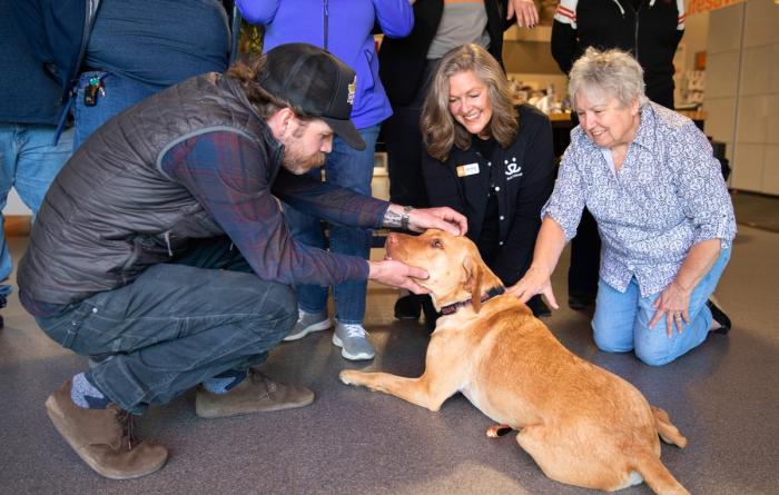 Smiling people petting a happy dog laying down on the floor