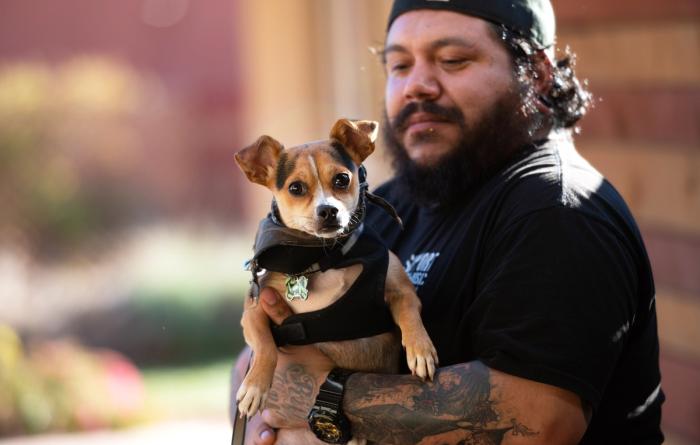 Man wearing backwards hat holding a small dog who is wearing a harness