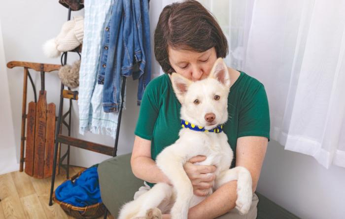 Person kissing the top of the head of a white puppy