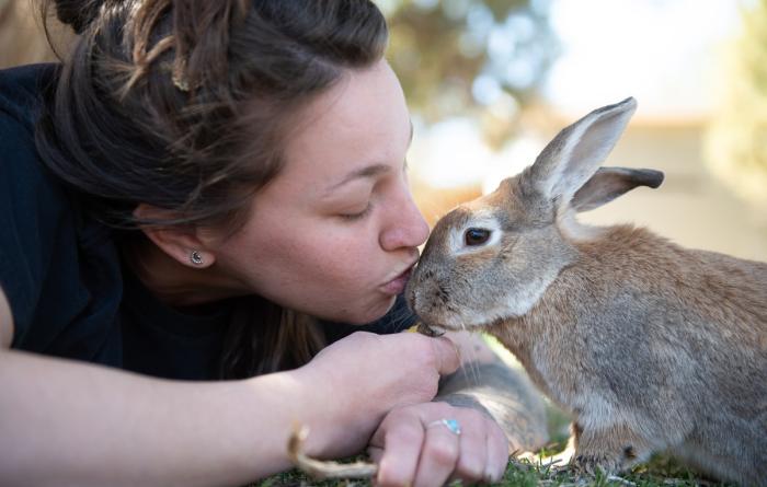 Person kissing the head of Hope the rabbit