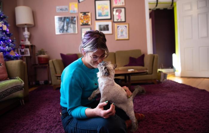 Sylvia the cat and Melissa, her foster person, nose-to-nose