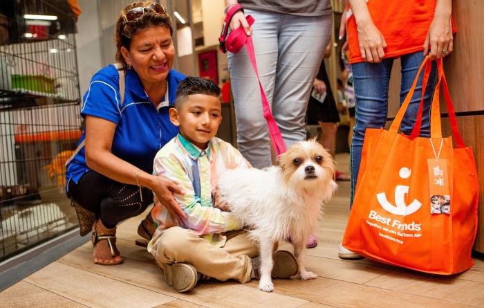 Smiling people adopting a dog