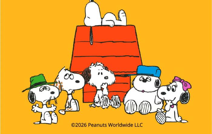 Peanuts® characters featuring Snoopy and his Siblings with red doghouse on yellow background