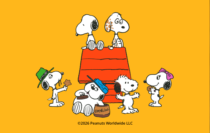 Peanuts characters Snoopy and his siblings around dog house on yellow background