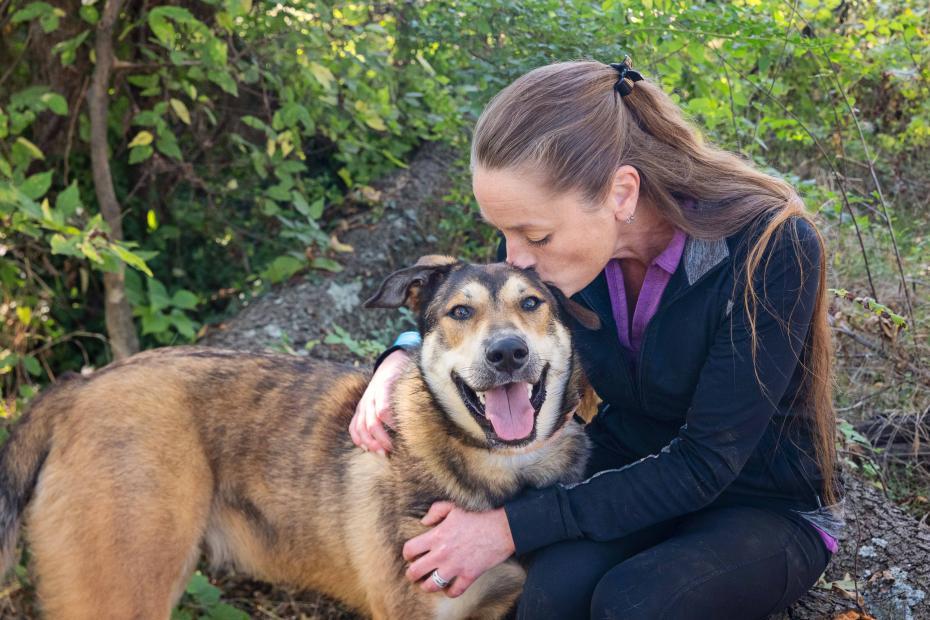 Person kissing the head of a smiling shepherd-mix dog