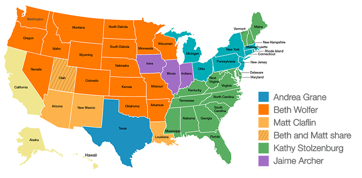 Map of the United States color coded by planned giving territory