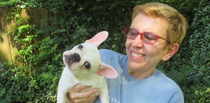 Susan, who has decided to make a legacy gift to the animals upon her passing, and her white French bulldog