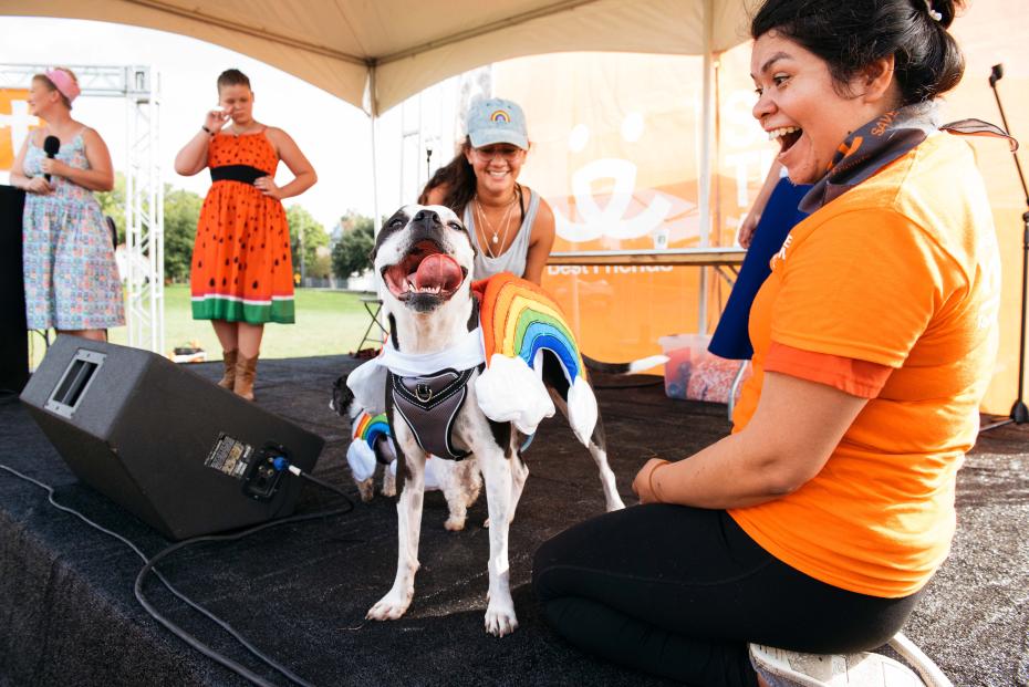 Happy person looking at a dog wearing a rainbow costume while other people look on