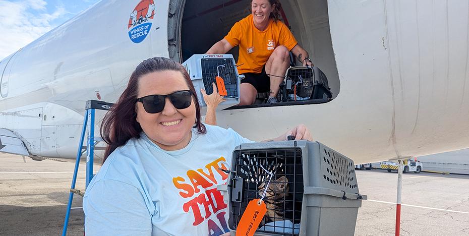 Person holding a cat in a carrier