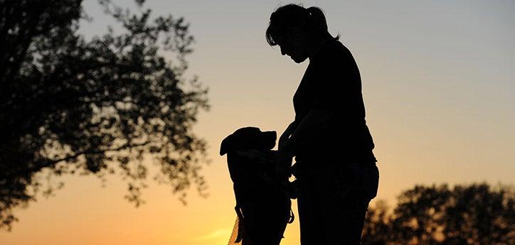 Silhouette of dog and his person, a woman serving in the military