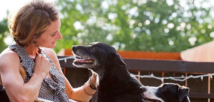 Black senior dog who was in the shelter before being pulled by a breed-specific rescue group and then adopted by woman in photo