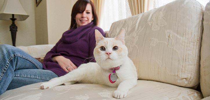 Woman with her white three-legged cat sitting on a couch