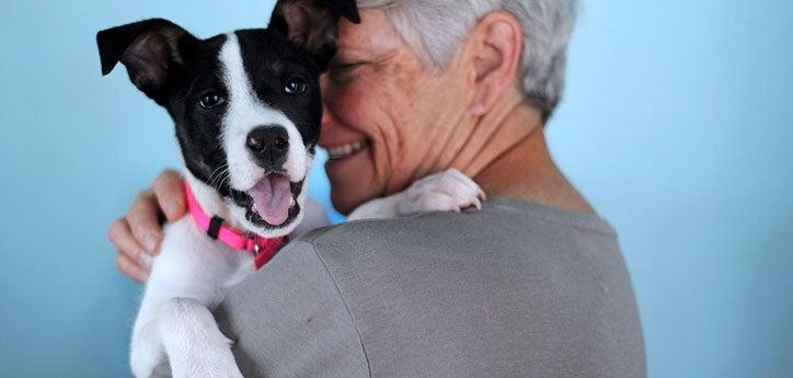 person holding a smiling white-and-black puppy up on the person's shoulder