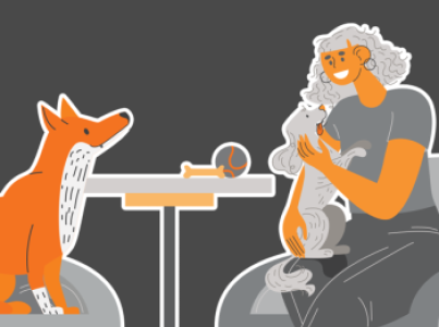 Illustration of woman and dogs sitting at table
