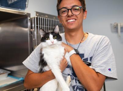 Smiling person holding a fluffy cat in a veterinary clinic