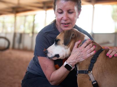 Person kneeling down to hug a dog