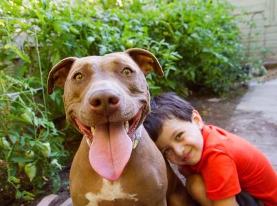 Smiling boy hugging his dog 