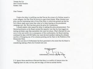 Tomato's Pulitzer letter