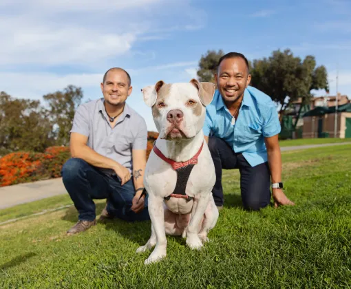 Two smiling people sitting in the grass with a big dog