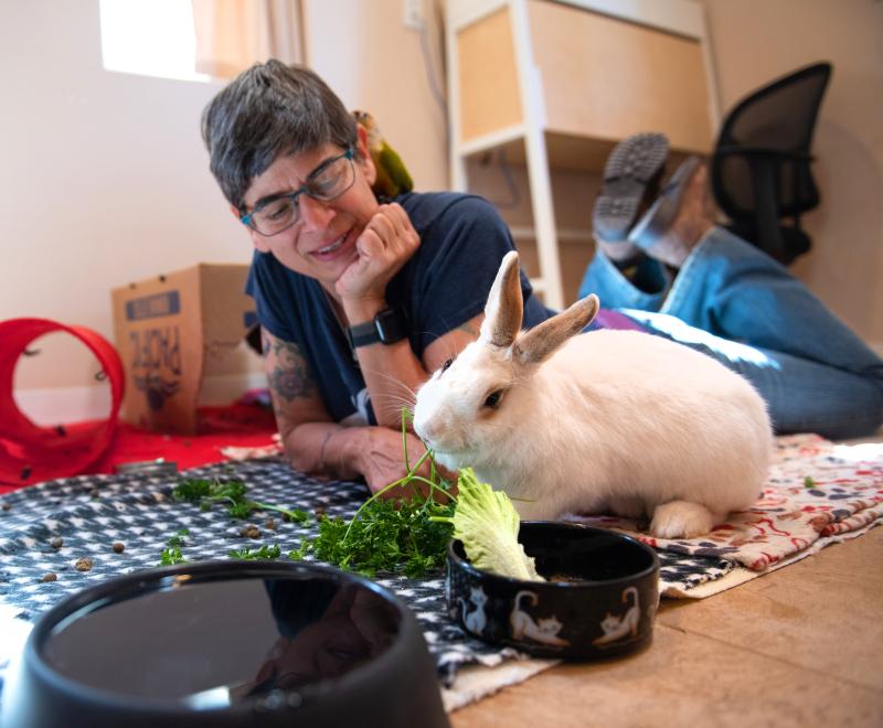 Smiling person watching on as a bunny eats a snack