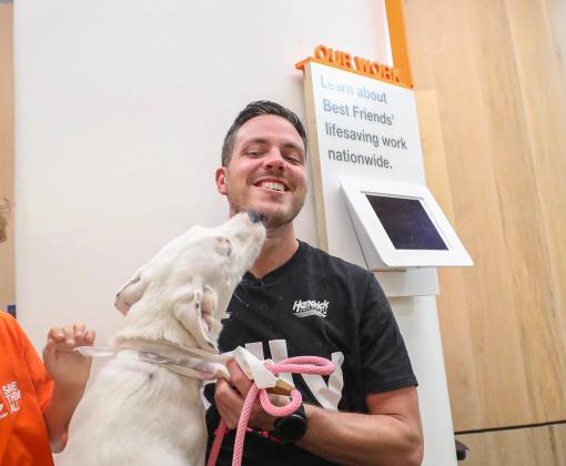 Alex Bowman smiling and getting kissed on the face by a large white dog