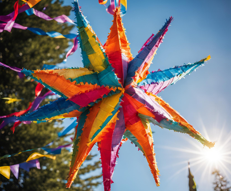 A star shaped pinata against a blue sky