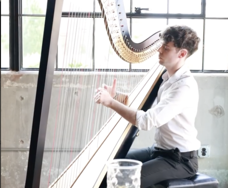 A young man plays a large harp in front of tall windows