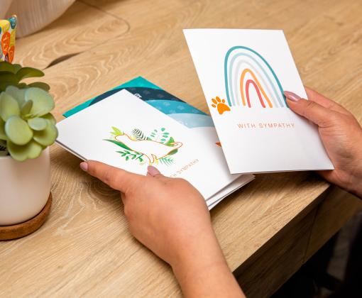 Person holding pet sympathy cards while sitting at a desk