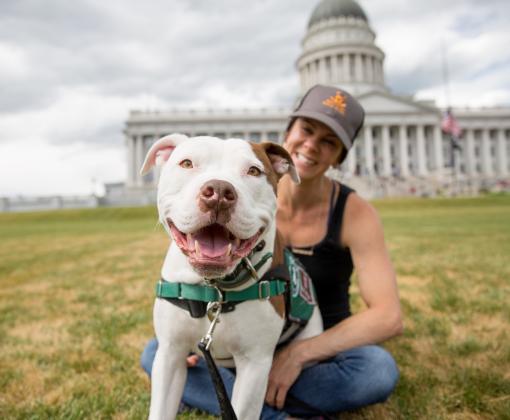 woman and dog sitting in grass in front of legislative building