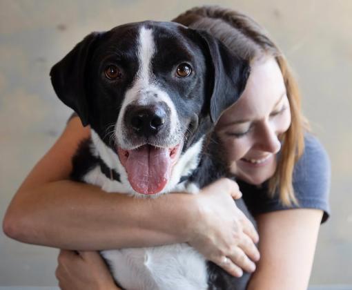 Smiling person hugging a dog