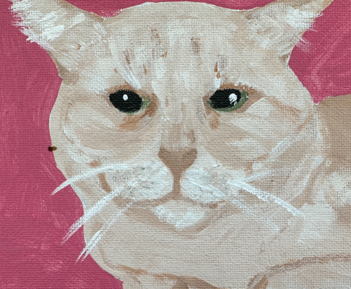 A painting of an orange cat on a pink background
