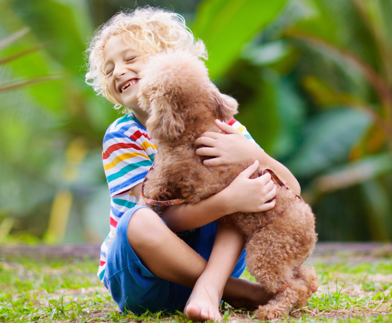A child playing with a puppy