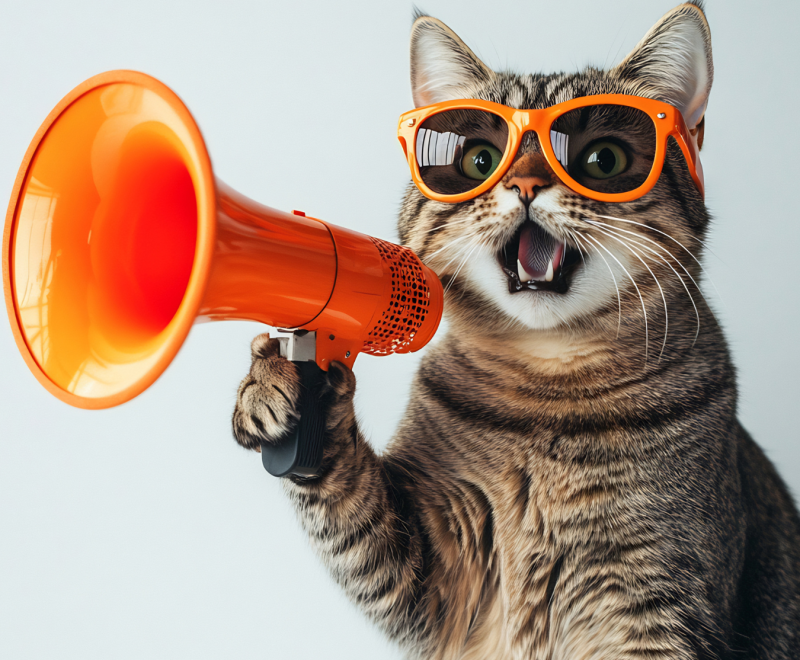 A tabby cat wearing orange sunglasses and holding a megaphone