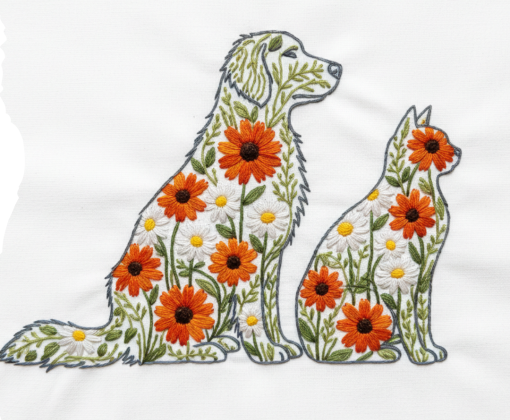 a dog and cat rendered in embroidery