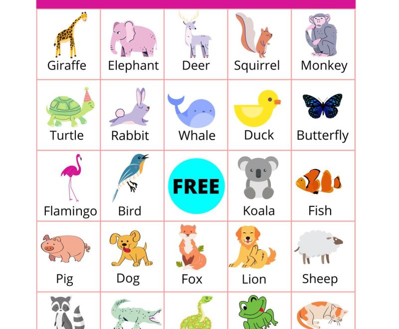 A bingo card featuring pictures of animals