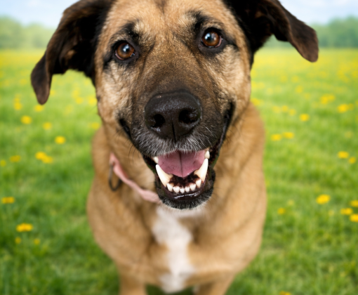 A smiling brown and black-faced dog