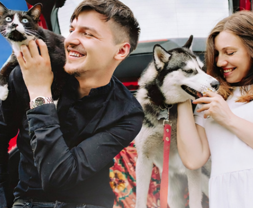A man and woman with a dog and cat
