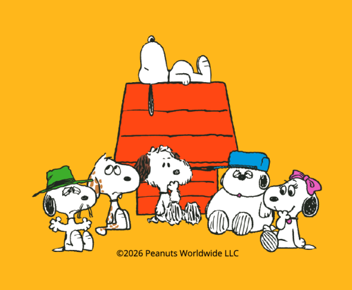 Peanuts® characters featuring Snoopy and his Siblings with red doghouse on yellow background