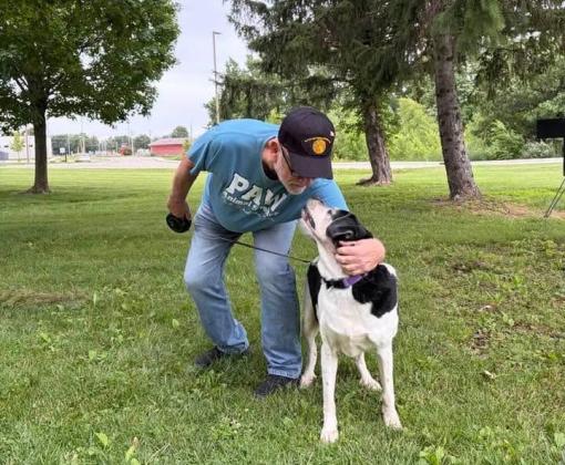 Anastasia the dog and her adopter, who is giving her a hug