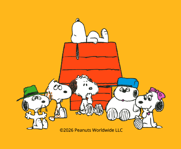 Peanuts® characters featuring Snoopy and his Siblings with red doghouse on yellow background
