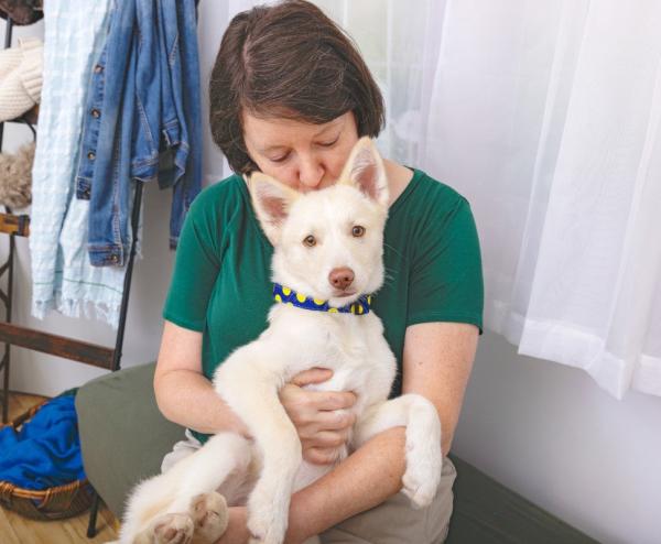 Person kissing the top of the head of a white puppy