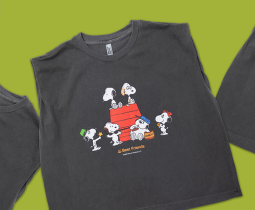 gray tank top with Peanuts characters on green background